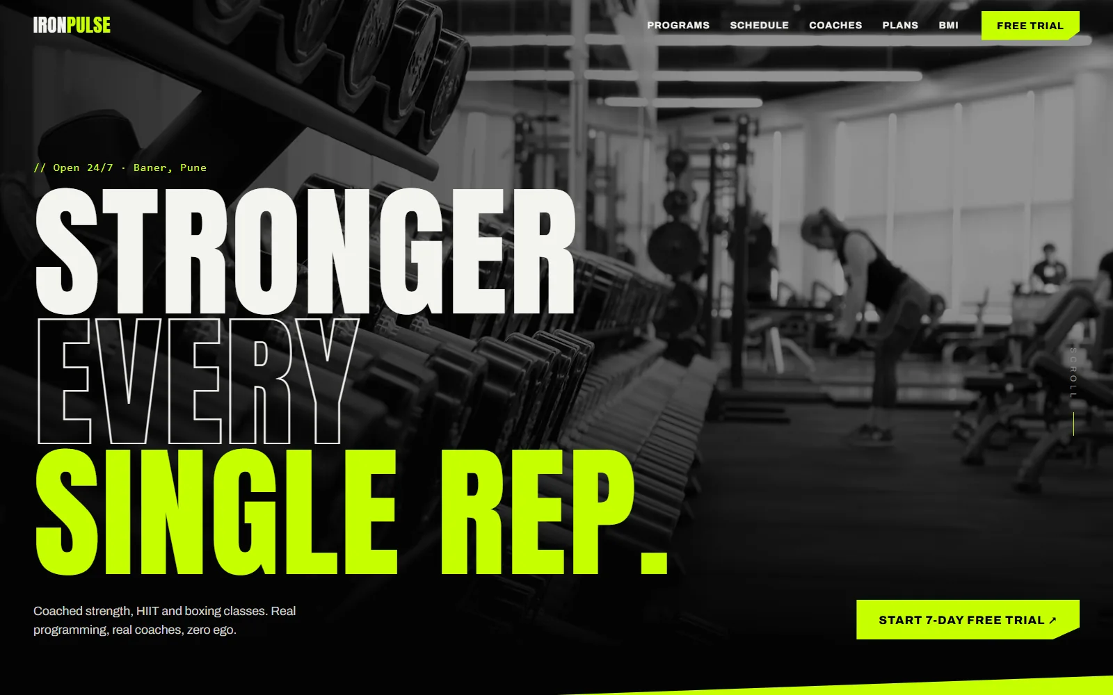 Gym website home page with the headline "Stronger every single rep." over a weights room