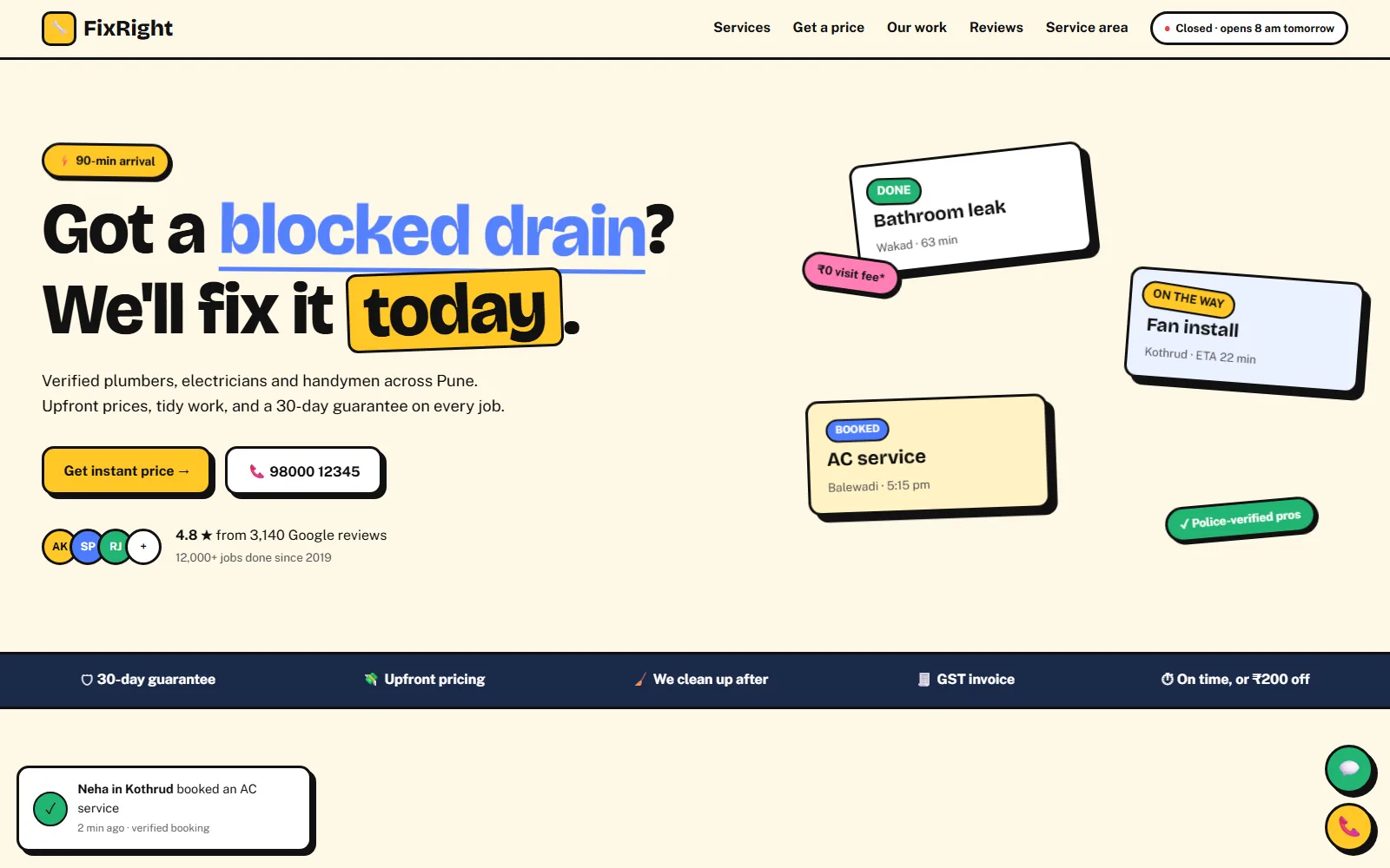 Home services website home page with the headline "We'll fix it today" and an instant price button