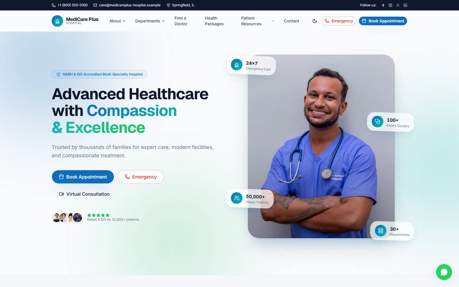 Hospital website home page with the headline "Advanced Healthcare with Compassion & Excellence" and Book Appointment and Emergency buttons